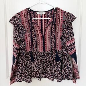 Sea New York Aurora Long Sleeve Silk Ruffled Peplum Peasant Blouse 0